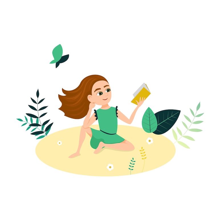 Vector ilustración de dibujos animados vectoriales de niña con libro abierto en sus manos lectura y autoeducación