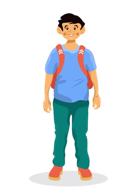 Ilustración de dibujos animados vectoriales de niño de escuela con mochila lindo personaje divertido sobre un fondo blanco aislado