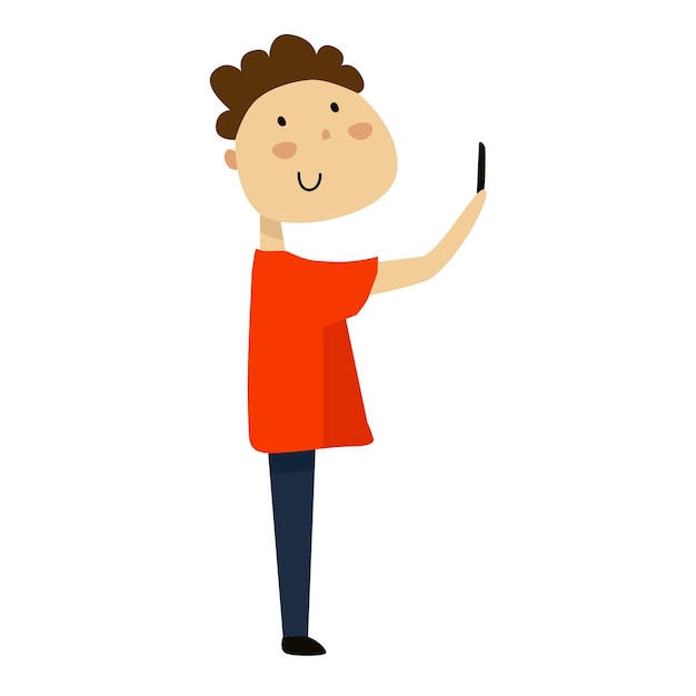 Ilustración de dibujos animados vectoriales de un niño de pelo rizado tomando un selfie aislado en blanco