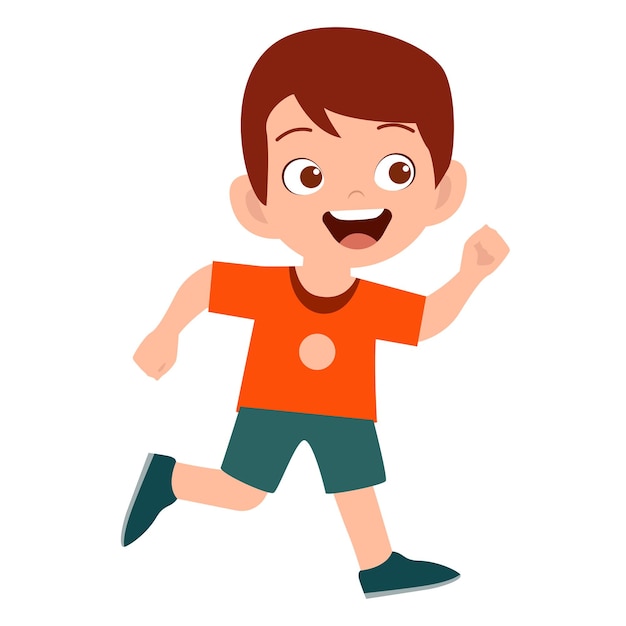Ilustración de dibujos animados vectoriales de un niño que muestra una expresión facial sonriente mientras corre