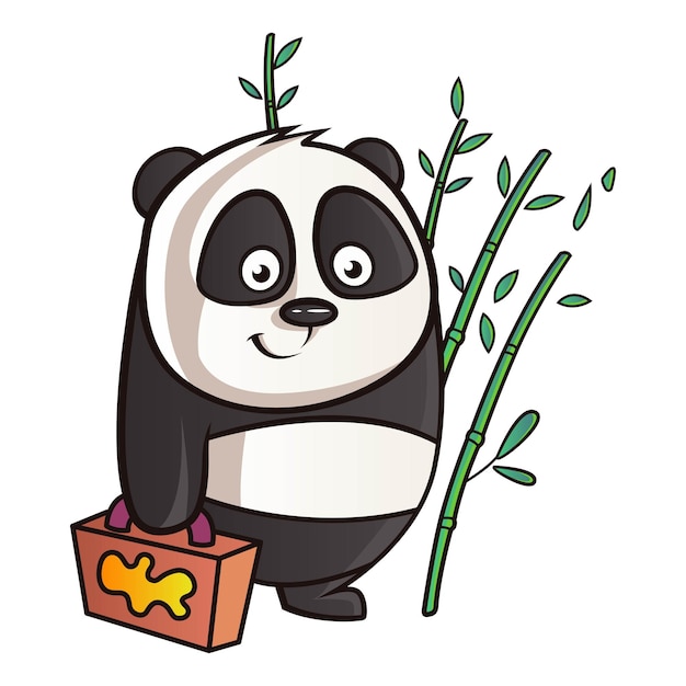 Vector ilustración de dibujos animados vectoriales de panda lindo con maletín y palos de bambú en la mano