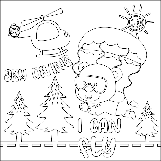 Ilustración de dibujos animados vectoriales de paracaidismo con osito con estilo de dibujos animados Diseño infantil para actividades infantiles libro o página para colorear