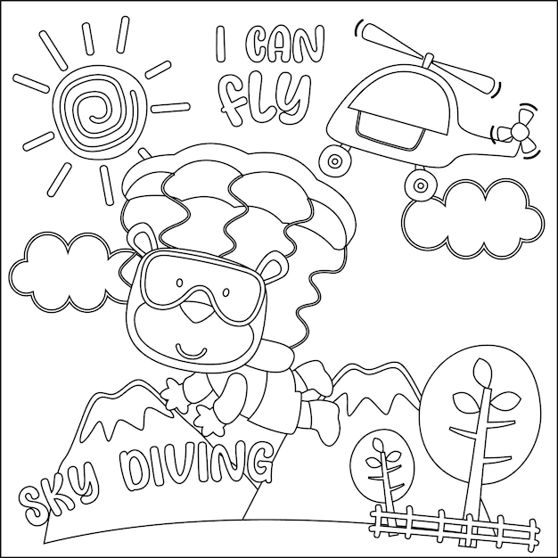 Ilustración de dibujos animados vectoriales de paracaidismo con osito con estilo de dibujos animados Diseño infantil para actividades infantiles libro o página para colorear