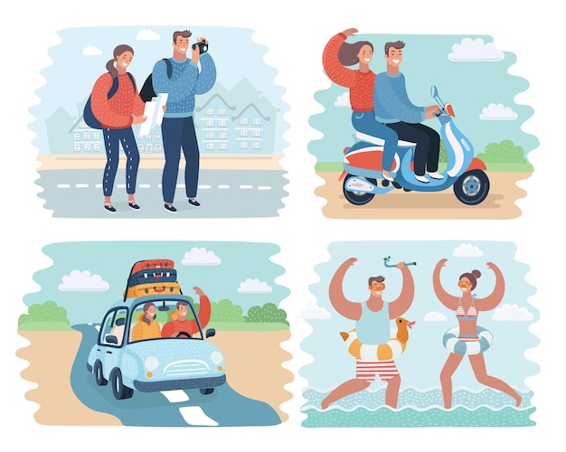 Ilustración de dibujos animados vectoriales de pareja en la escena de las vacaciones de verano: viajar en coche, playa, scooter, tomar fotos, jugar voleibol. Conjunto de elementos aislados sobre fondo blanco.