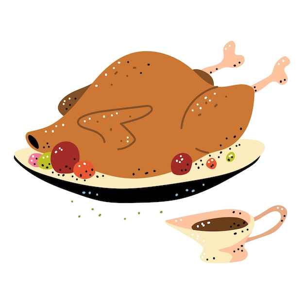 Ilustración de dibujos animados vectoriales de pavo y salsa de Navidad aislados en un fondo blanco