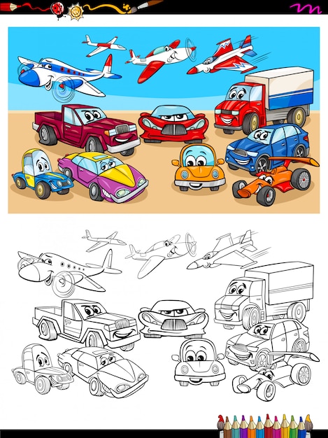 Ilustración de dibujos animados de vehículos de transporte color book