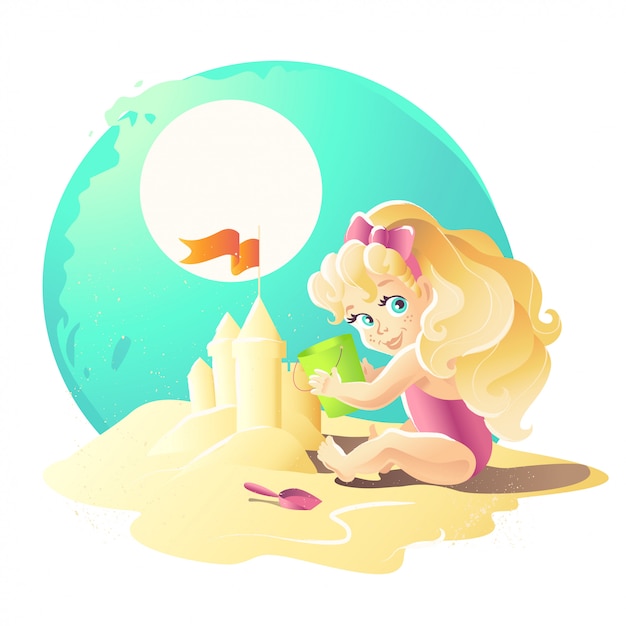 Ilustración de dibujos animados de verano. personaje de niña bebé sentado en la arena jugando con el castillo de arena. Cubo, pala. Ilustración infantil, portada de libro, publicidad. Pancarta, cartel, impresión.
