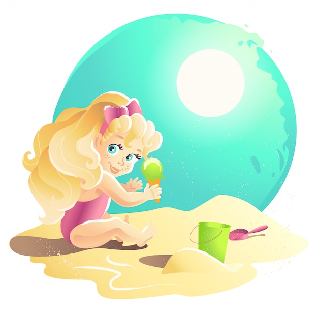 Ilustración de dibujos animados de verano. personaje de niña bebé sentado en la arena jugando con el castillo de arena. cubo, pala. ilustración infantil, portada de libro, publicidad. pancarta, cartel, impresión.