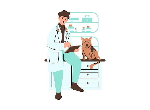 Una ilustración de dibujos animados de un veterinario examinando a un perro en una clínica
