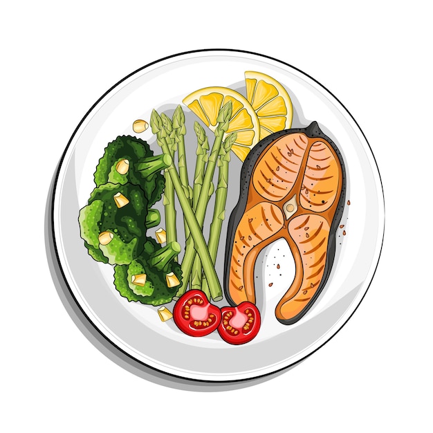 Ilustración de dibujos animados de la vista superior de la cena vegana. Salmón con brócoli, tomates y espárragos en plato