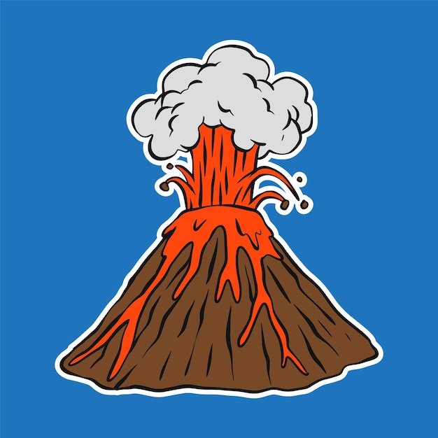 Ilustración de dibujos animados de un volcán en erupción aislado con fondo azul