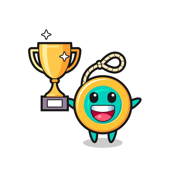 Ilustración de dibujos animados de yoyo es feliz sosteniendo el trofeo de oro