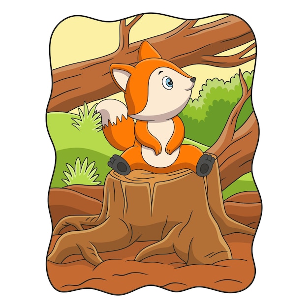 Ilustración de dibujos animados de un zorro sentado y relajado disfrutando del clima durante el día en el tronco de un gran árbol que fue cortado