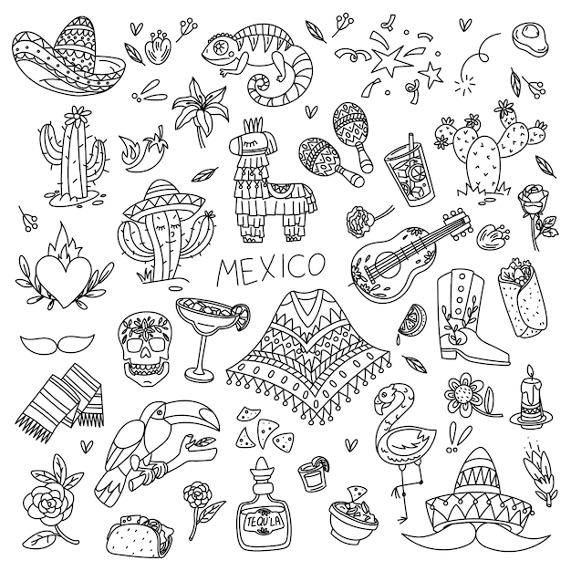 Ilustración de dibujos de contorno sobre el tema de una fiesta mexicana celebración de México sombrero maracas