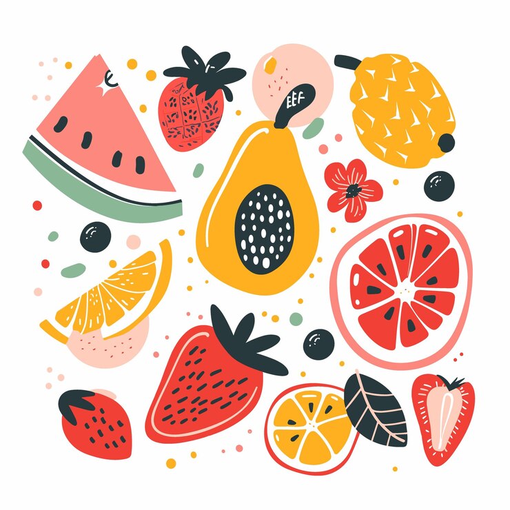 Ilustración de dibujos de frutas y bayas dibujadas a mano