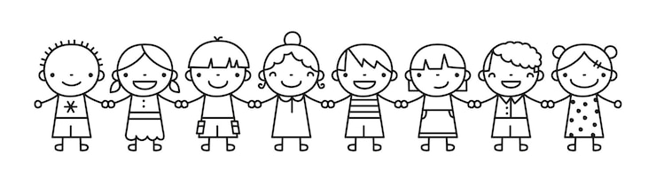 Vector ilustración de dibujos de líneas vectoriales de niños mano a mano