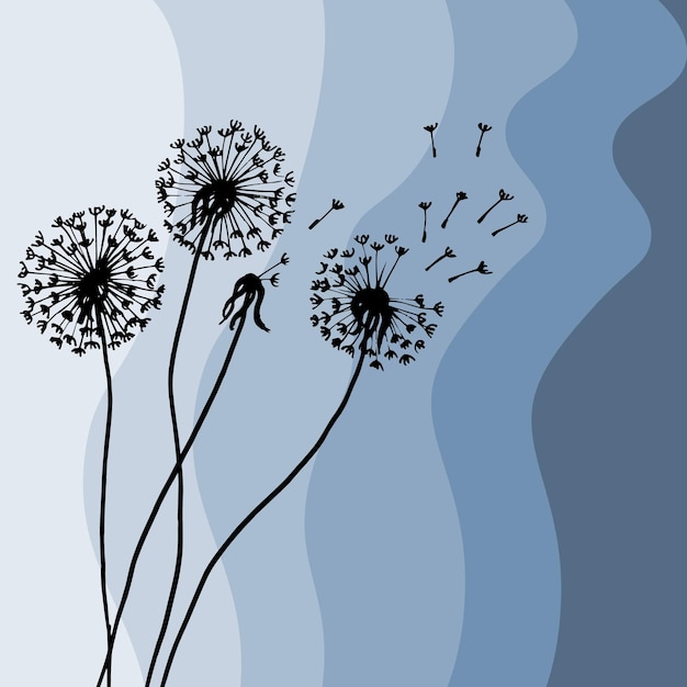 Ilustración de diente de león de contorno dibujado sobre un fondo azul suave