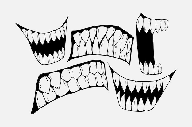 Ilustración de dientes de miedo impresos en camisetas, chaquetas, recuerdos o tatuajes