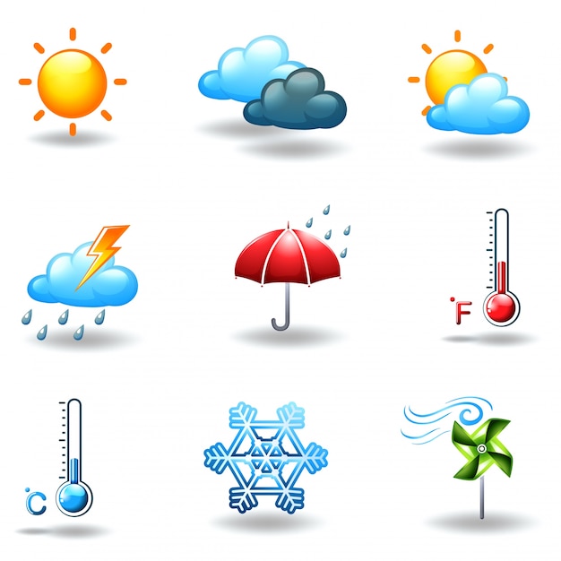 Ilustración de las diferentes condiciones climáticas sobre un fondo blanco