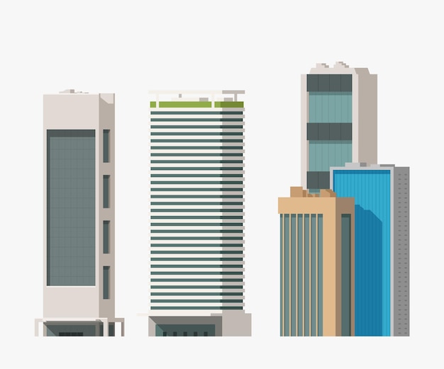 Vector ilustración de diferentes edificios altos en conjunto aislado sobre fondo blanco.