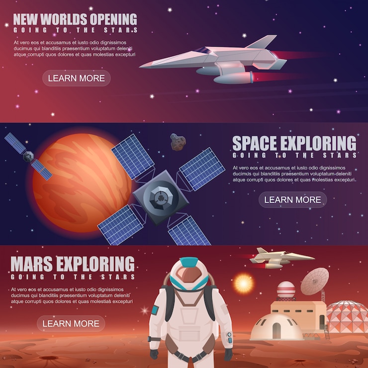 Vector ilustración de diferentes estandartes con colonización de planetas, astronauta dedicado a la exploración espacial, la fuerza de la nave espacial, exploración del sistema solar por satélites.