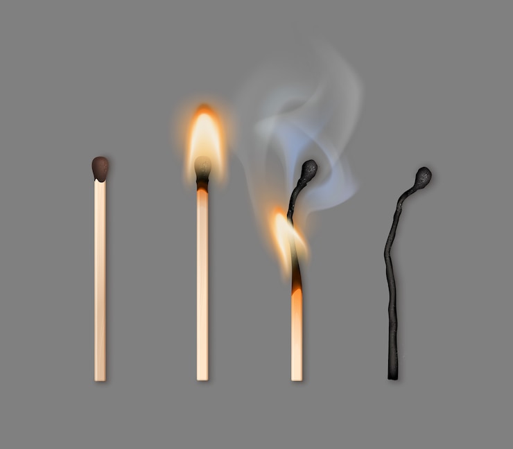 Vector ilustración de diferentes fases de la quema de fósforos.