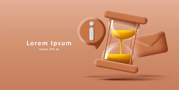 Ilustración digital 3d de reloj de arena de cristal con letra e icono de información en colores marrones