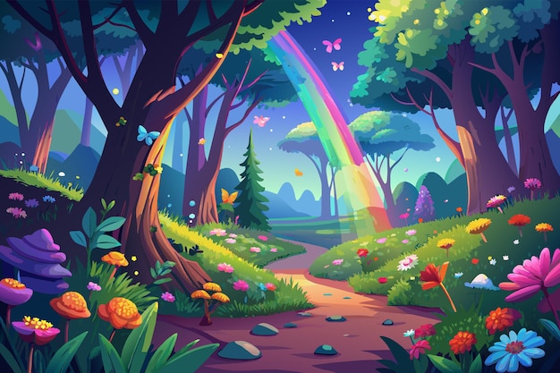 Vector ilustración digital colorida de un extravagante sendero forestal con flores vibrantes que se elevan sobre los árboles y un brillante arco iris que se arquea a través de un cielo iluminado por el sol