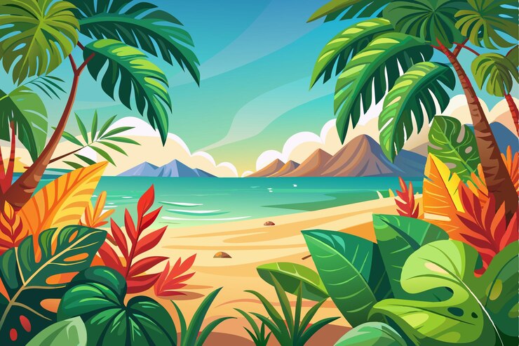 una ilustración digital de una escena de playa con palmeras y montañas
