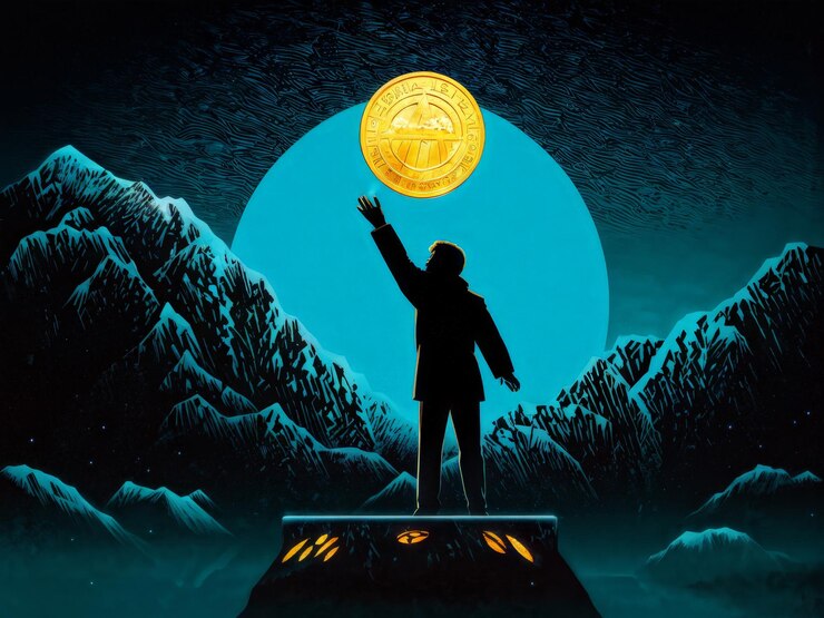 Vector ilustración digital de un hombre con un traje azul y una moneda de oro ilustración digital de un hombre en