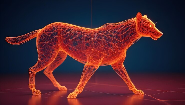 Vector una ilustración digital de un lobo renderizado en un estilo de marco de alambre con líneas naranjas brillantes el lobo está representado en una postura de caminar creando una sensación de movimiento y energía