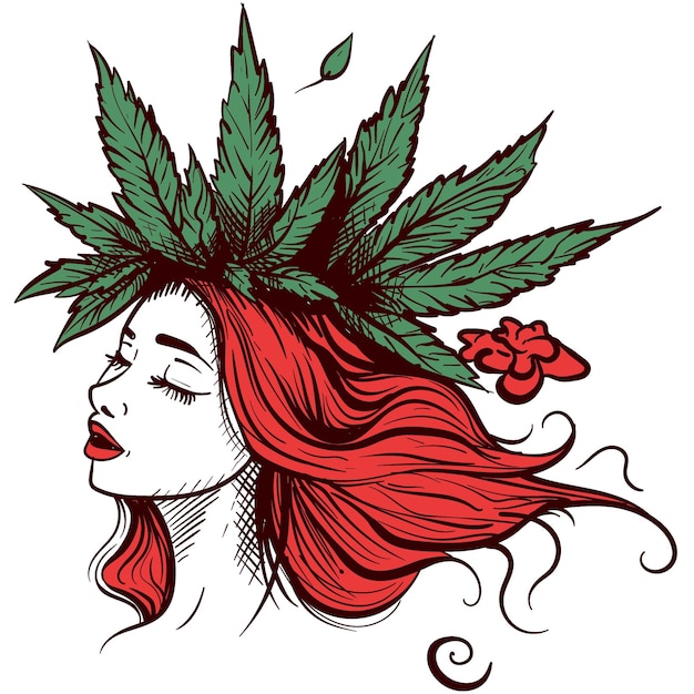 Vector ilustración digital de una mujer pelirroja con hojas verdes de marihuana en el cabello vector de boceto