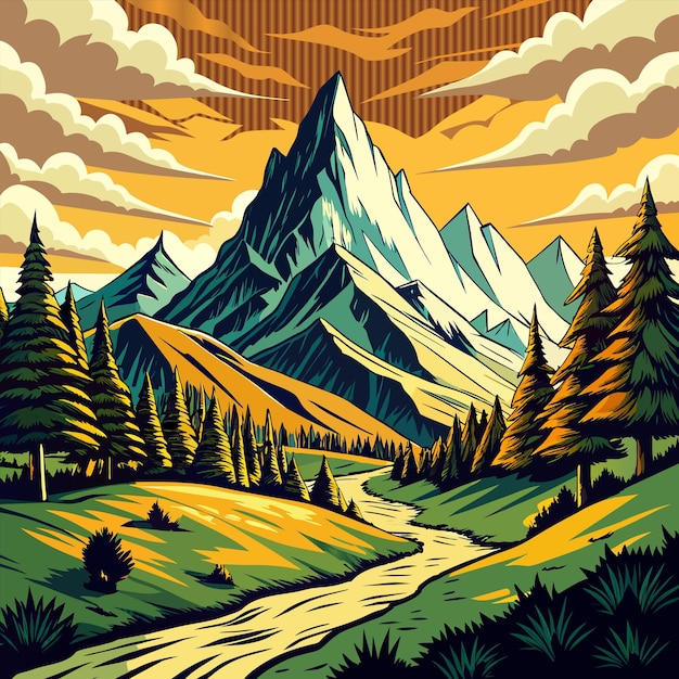 una ilustración digital de un paisaje de montaña con árboles y montañas