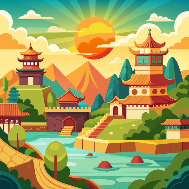 una ilustración digital de un paisaje con un río y montañas en el fondo