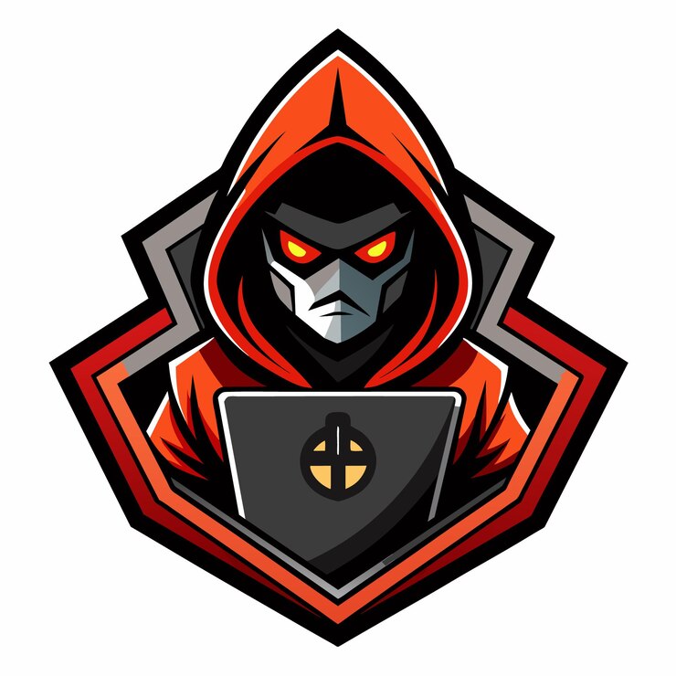 Vector una ilustración digital de un personaje hacker con capucha roja con ojos brillantes sosteniendo una computadora portátil rodeada por un marco hexagonal