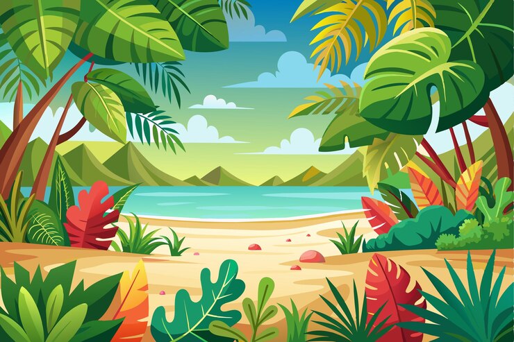 una ilustración digital de una playa tropical con palmeras y montañas
