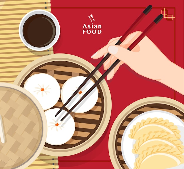 Vector ilustración de dim sum de comida china, comida asiática dim sum en vapor