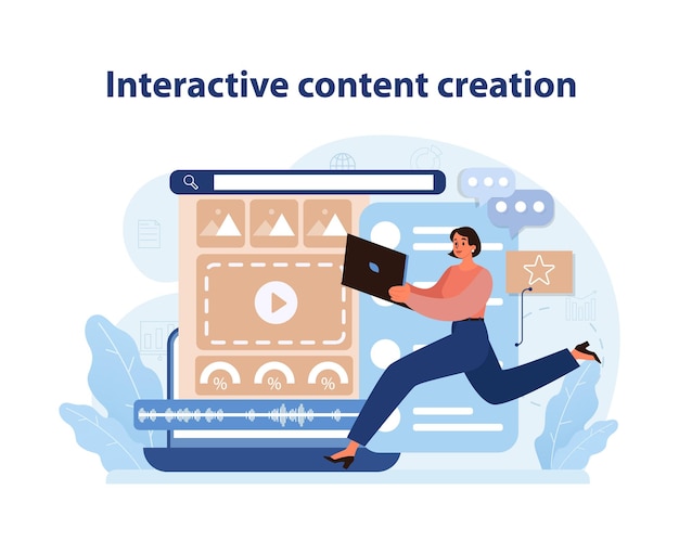 Vector ilustración dinámica de creación de contenido interactivo de un creador de contenido que diseña multimedia atractiva