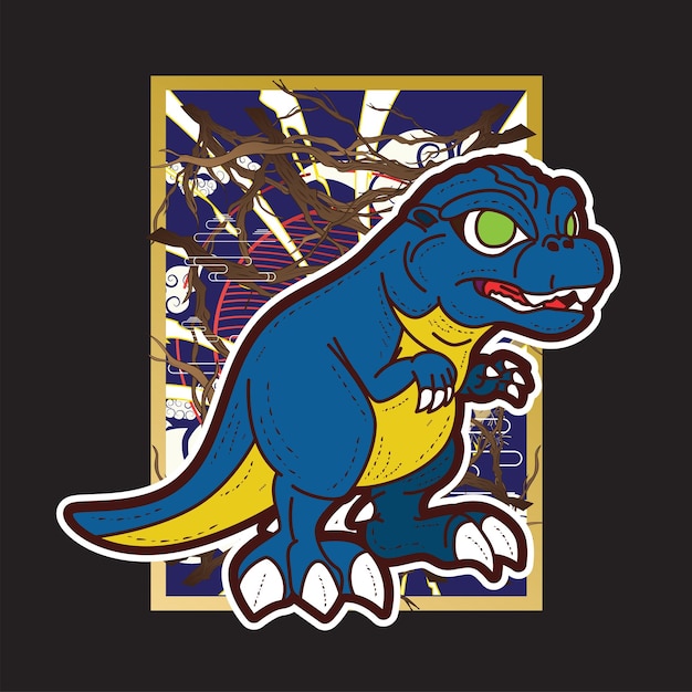 Ilustración de dinosaurio con estilo japonés para evento kaijune, cuaderno, logo