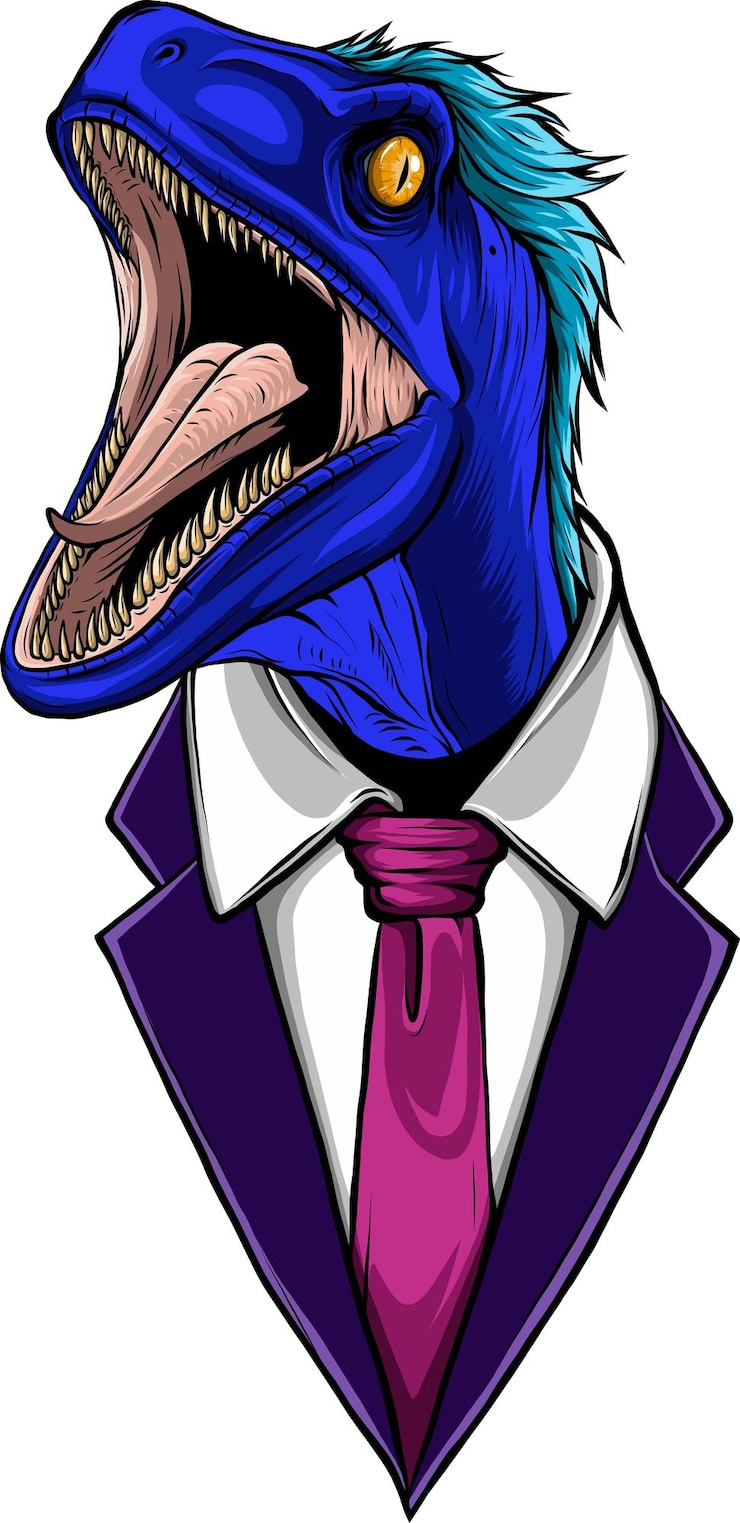 Vector ilustración de dinosaurio en traje sobre fondo blanco.