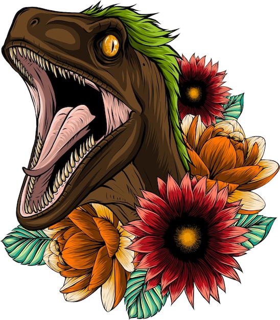 Vector ilustración del dinosaurio velociraptor con flor