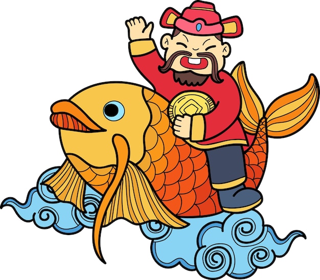 Ilustración de dios y koi de la riqueza china dibujada a mano