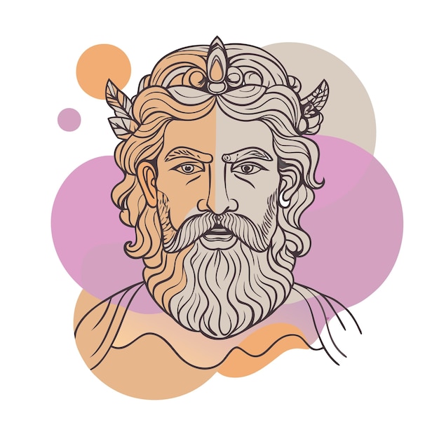 Ilustración de un dios mítico con una corona de hojas y una barba