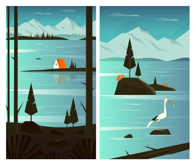 Ilustración de díptico vectorial de un paisaje de montaña Lago con montañas y bosques