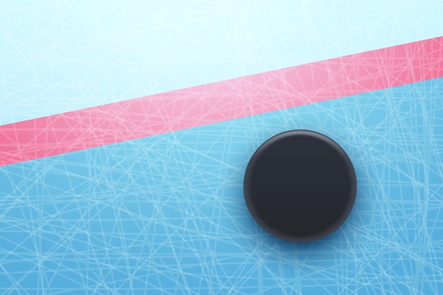 Vector ilustración de un disco de hockey negro sobre una pista de hielo detrás de la línea roja