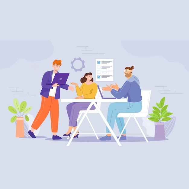 Ilustración de discusión de equipo profesional para entornos de oficina