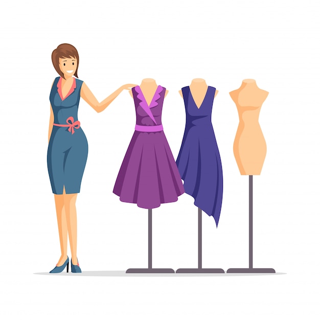 Vector ilustración de diseñador de moda femenina. modista alegre, vendedor de ropa, personaje de dibujos animados modelo. diseñador de prendas y maniquíes con vestidos aislados