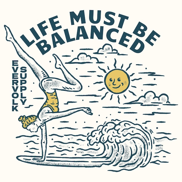 Ilustración de diseño de arte de surfista de yoga