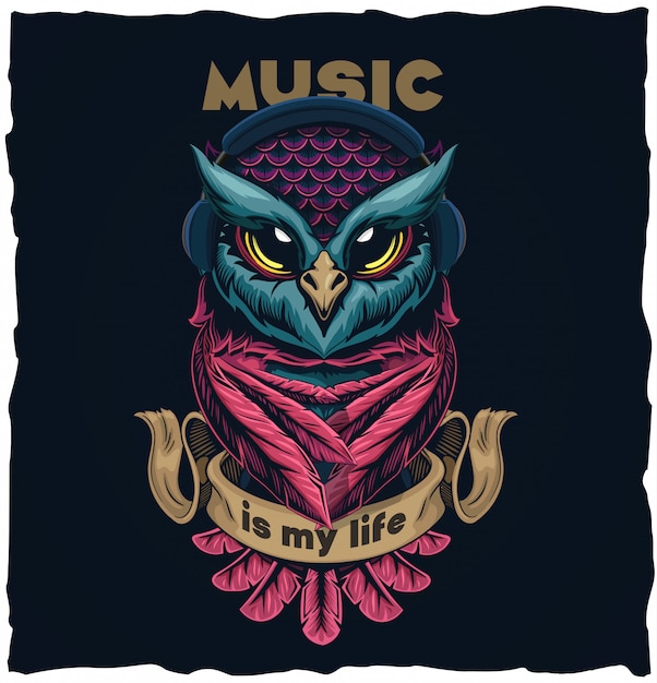 Ilustración de diseño de camiseta musical búho