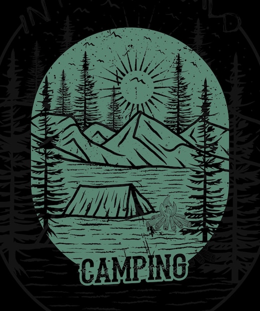 Ilustración del diseño de camisetas de aventura en la montaña